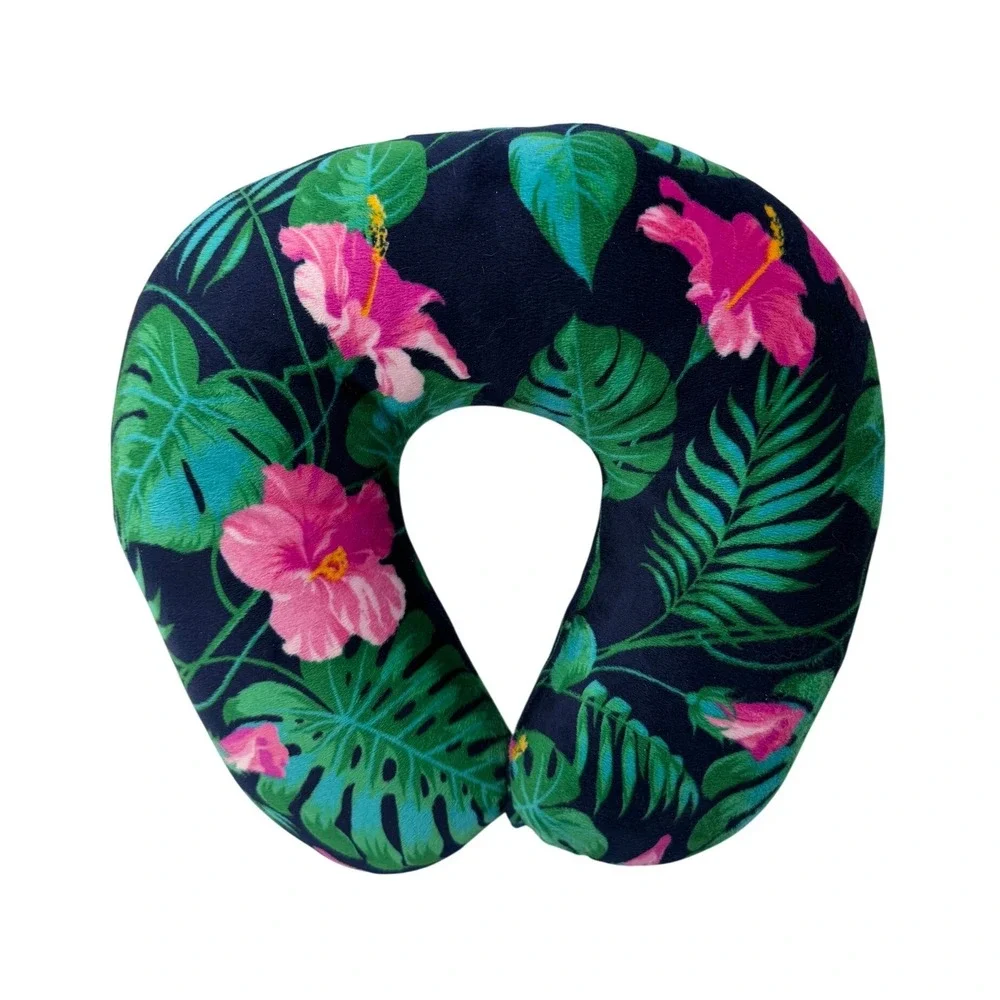 Tropical Floral Travel Neck Pillow Hibiscus Palm Leaf Navy Blue Snap Support OS